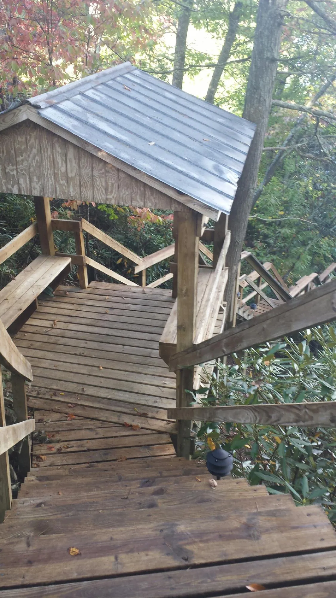 Metal roofed shelter over wooden steps on a wooded walkway — Skylight Repair & Installation work by our crew in Sardis